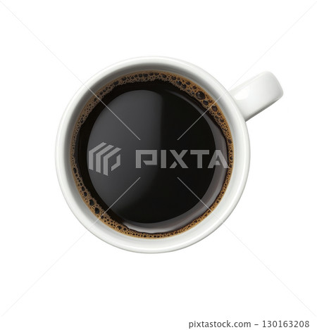 A top view of white ceramic cup filled with black coffee, showcasing rich, dark liquid and few bubbles on surface. simple and classic design evokes sense of warmth and comfort 130163208