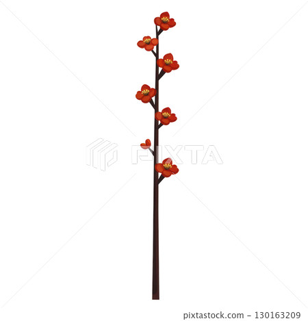 A tall, slender branch adorned with vibrant red flowers and yellow centers, creating striking and elegant appearance. blossoms are evenly spaced along dark stem A tall, slender branch adorned with vibrant red flowers and yellow centers, creating striking and elegant appearance. blossoms are evenly spaced along dark stem 130163209