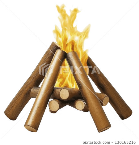 A campfire with logs arranged in teepee shape, flames rising brightly, creating warm and inviting atmosphere. Perfect for outdoor gatherings and cozy nights 130163216