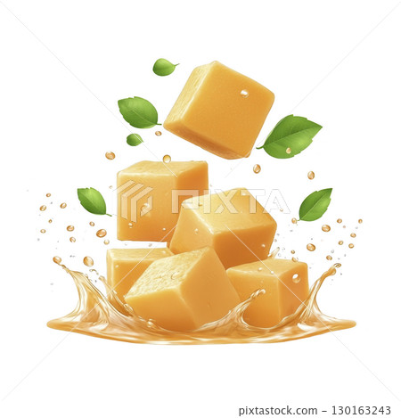 A Cubes of caramel splash into pool of liquid, surrounded by green leaves and droplets, creating dynamic and fresh composition 130163243