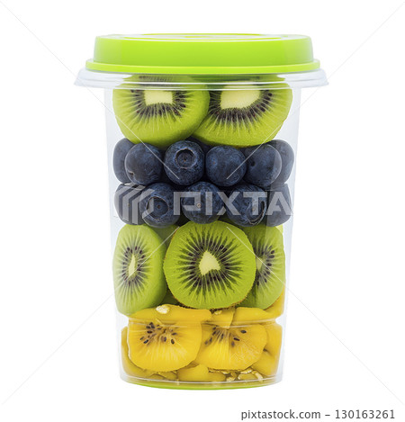 A clear plastic cup filled with vibrant layers of sliced kiwi, blueberries, and golden kiwi, topped with green lid, showcasing fresh and healthy snack option 130163261