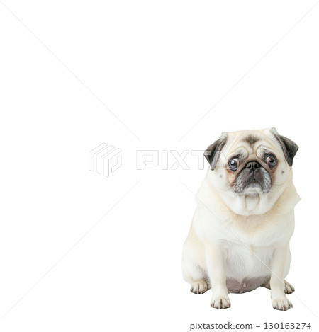A cute pug with wrinkled face and expressive eyes sits calmly against transparency background, showcasing its charming and lovable nature 130163274