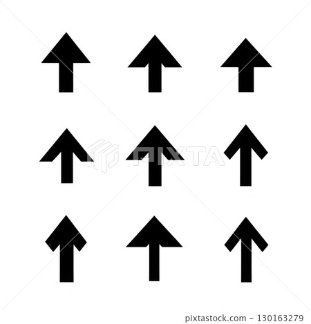 A Nine black arrows pointing upwards are arranged in grid pattern on transparency background, creating simple and symmetrical design 130163279