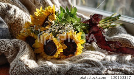 窗邊的羊毛毯上放著一束向日葵 窗邊的羊毛毯上放著一束向日葵 130163337