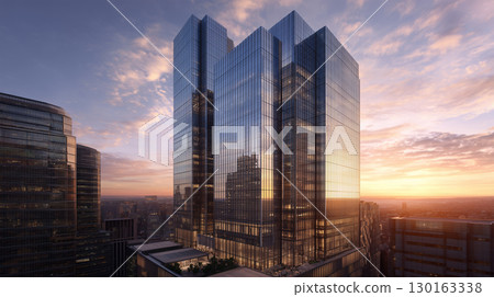 傍晚燈光下仰望摩天大樓的城市景觀照片 130163338