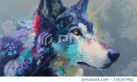 A frontal wolf painting that stands out with its vibrant colors A frontal wolf painting that stands out with its vibrant colors 130163402