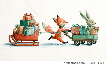 A fox and a rabbit happily carry gifts on a snowy road A fox and a rabbit happily carry gifts on a snowy road 130163421