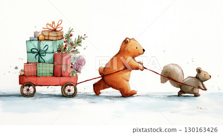 Bear and squirrel happily carrying gifts on snowy road 130163426