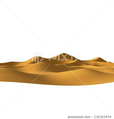 A Golden sand dunes under clear sky create serene desert landscape, showcasing natural beauty and tranquility of arid environment 130163454