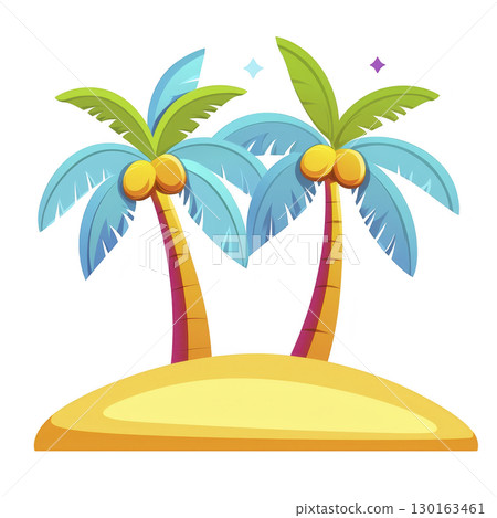 A vibrant illustration of two palm trees with coconuts on small sandy island, evoking tropical paradise. bright colors and playful design create cheerful and relaxing atmosphere 130163461