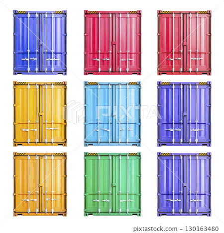 A grid of colorful shipping containers showcases vibrant hues including blue, red, yellow, and green, each with distinct metal locks and hinges, creating striking visual pattern 130163480