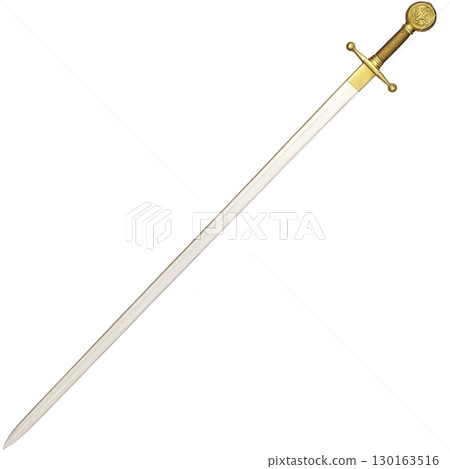 A long, elegant sword with golden hilt and intricate design, featuring straight, sharp blade. sword exudes sense of historical significance and craftsmanship 130163516