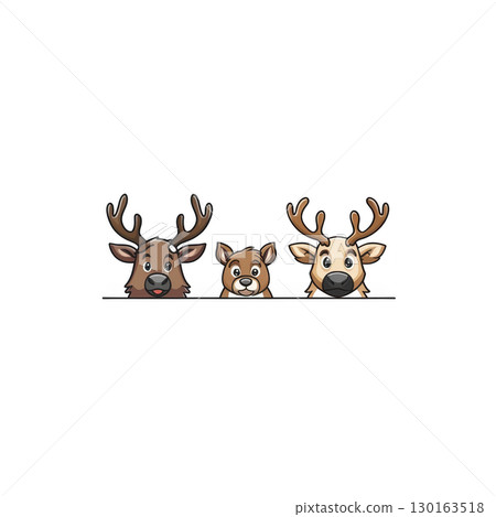 A Three cute cartoon deer with antlers and expressive eyes are lined up, showcasing playful and whimsical design. middle deer is smaller, adding charming touch to illustration 130163518