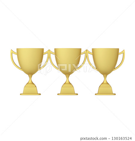 A Three golden trophies are displayed in row, symbolizing achievement and success. shiny gold finish and classic design evoke sense of victory and celebration A Three golden trophies are displayed in row, symbolizing achievement and success. shiny gold finish and classic design evoke sense of victory and celebration 130163524