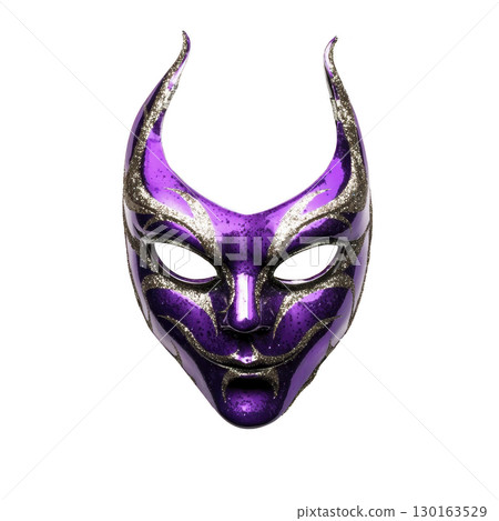 A vibrant purple masquerade mask with glittering gold accents and devilish horned design, perfect for mysterious and enchanting costume party A vibrant purple masquerade mask with glittering gold accents and devilish horned design, perfect for mysterious and enchanting costume party 130163529