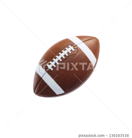 Brown leather American football with white laces and stripes is isolated on transparency background, showcasing its textured surface and classic design 130163538