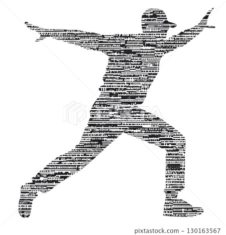 A silhouette of person in dynamic pose is filled with text, creating artistic and expressive design. figure appears to be leaping or dancing, conveying sense of movement and energy 130163567