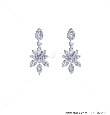 An Elegant silver earrings with floral design, featuring sparkling gemstones arranged in flower shape, perfect for adding touch of sophistication to any outfit An Elegant silver earrings with floral design, featuring sparkling gemstones arranged in flower shape, perfect for adding touch of sophistication to any outfit 130163568