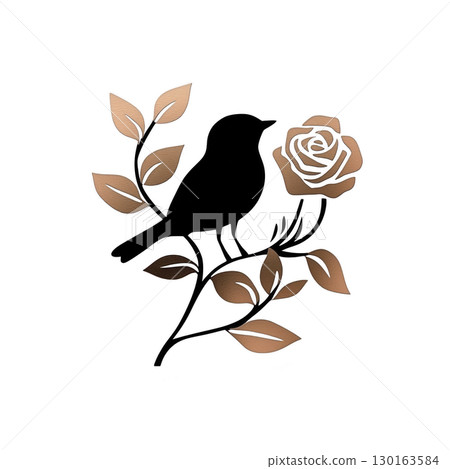 A silhouette of bird perched on branch with leaves and rose, creating elegant and artistic design. image features harmonious blend of nature elements 130163584