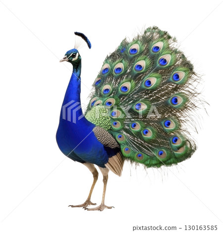 A vibrant peacock stands proudly displaying its magnificent tail feathers, showcasing stunning array of blue, green, and gold hues. intricate eye patterns on feathers add to its majestic appearance 130163585