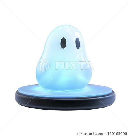 A This features cute glowing blue blob character with glossy surface sitting futuristic platform. character has simple black eyes and smooth rounded shape giving it friendly and whimsical appearance 130163606