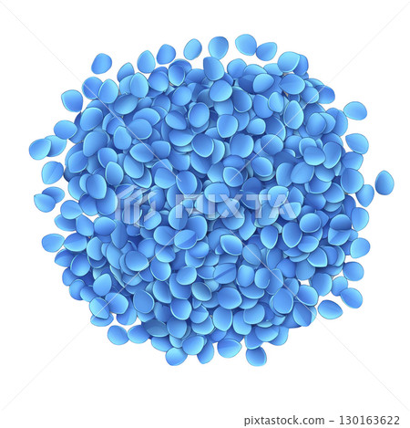 A vibrant pile of blue oval shaped pills is arranged in circular pattern against transparency background, creating striking visual effect 130163622