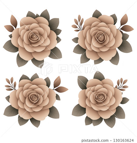 An Elegant digital illustrations of four beige roses with green leaves and small branches, showcasing symmetrical and artistic floral design. Perfect for decorative and creative projects 130163624