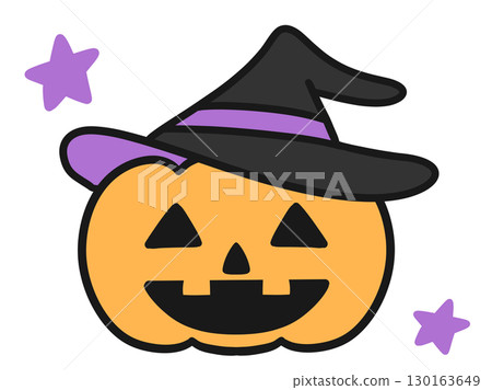 Illustration of a Halloween pumpkin wearing a witch's hat Illustration of a Halloween pumpkin wearing a witch's hat 130163649