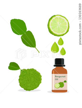 Bergamot essential oil with bergamot fruit isolated on white background Bergamot essential oil with bergamot fruit isolated on white background 130163689