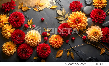 Chic autumn image of Japanese modern chrysanthemum flowers and autumn leaves Background material 130163993