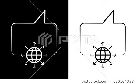 Minimalist icon showing a speech bubble with a globe and outward arrows, symbolizing global communication, worldwide outreach, networking, and international messaging. Minimalist icon showing a speech bubble with a globe and outward arrows, symbolizing global communication, worldwide outreach, networking, and international messaging. 130164358