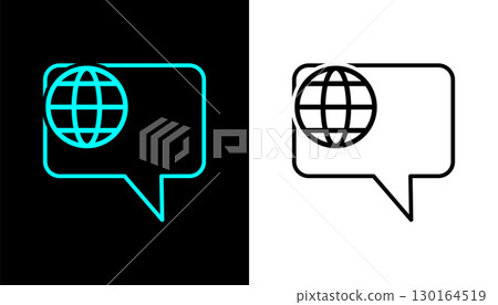 Minimalist speech bubble icon with a globe, symbolizing international communication, multilingual chat, global networking, and online translation services. 130164519