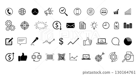 Collection of business and marketing icons, including charts, communication, money, gears, search, and digital tools for presentations and branding. Collection of business and marketing icons, including charts, communication, money, gears, search, and digital tools for presentations and branding. 130164761