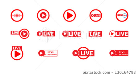 Set of red live streaming and play icons, featuring play buttons, live text labels, and broadcast symbols for video, media, and online streaming. Set of red live streaming and play icons, featuring play buttons, live text labels, and broadcast symbols for video, media, and online streaming. 130164798