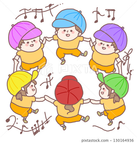 孩子們戴著五顏六色的帽子圍成一圈快樂跳舞的插圖 130164936