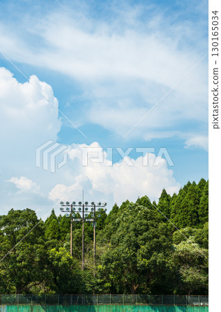 The baseball field lighting equipment and lush forest scenery shining against the summer sky 130165034