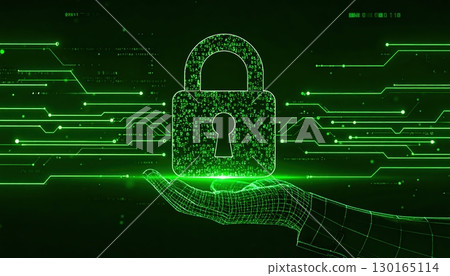 High-tech digital security concept featu a glowing green padlock symbolizing cybersecurity protection and data privacy in a digital environment with a digital hand 130165114