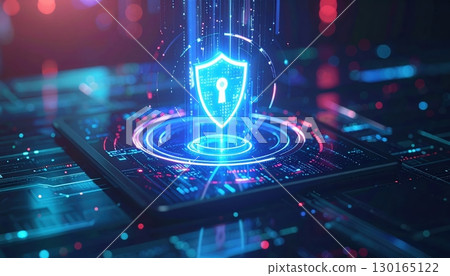 Digital security shield icon glowing on a futuristic smartphone screen representing cybersecurity and data protection technology concept 130165122