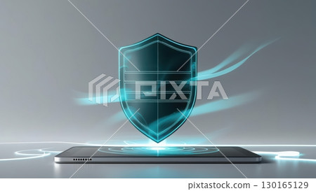 Futuristic Digital Shield Protective Technology Concept with Glowing Blue Light Hove Above Laptop Surface in a Modern Safe Data Environment 130165129