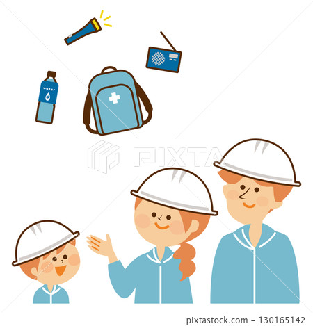 Disaster Prevention: Illustration of a family thinking about disaster prevention supplies 130165142