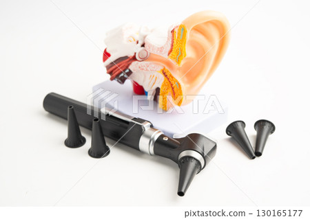 Otoscope with model for audiologist or ENT doctor use otoscope checking ear and treat hearing loss problem. 130165177