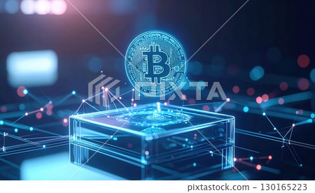 Detailed digital blockchain bitcoin technology concept with glowing hologram of bitcoin symbol above transparent cube in dark cyber environment with network connections and data streams 130165223