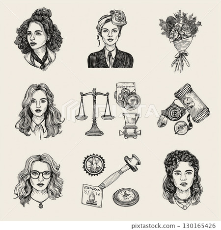Line art illustrations of women, scales of justice, flowers, camera, and vintage items evoke themes of feminism, empowerment, and justice 130165426