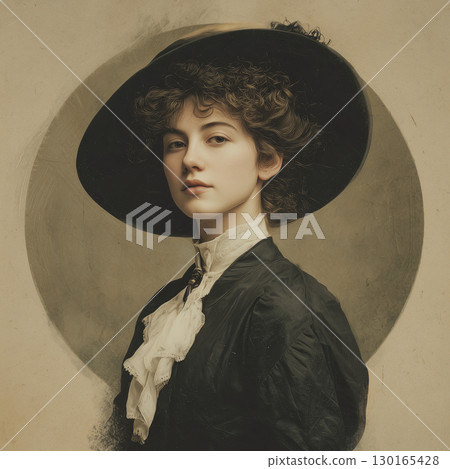 Vintage style portrait of young woman with curly hair wearing large hat and elegant clothing, exuding timeless and sophisticated aura 130165428