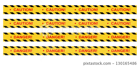Caution and danger warning tape ribbons for safety. Barrier tape crime scene border. Used as safety or warning barriers. 130165486