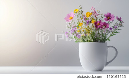 Wild colorful flower on white mug vas modern minimalist decoration on white wall Wild colorful flower on white mug vas modern minimalist decoration on white wall 130165513