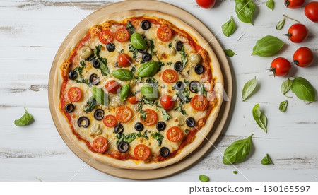 Pizza with tomato, olive and mint on board plate and white wooden background 130165597