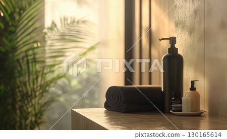 Soap spa, towel, bottle liquid in table and glass window, black color tone, cleansing beauty treatment 130165614