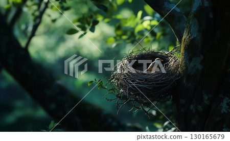twig animal nest in tree new born house habitat with deep forest blurred background twig animal nest in tree new born house habitat with deep forest blurred background 130165679