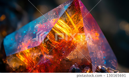 A close-up of a rainbow-colored rutilated quartz crystal A close-up of a rainbow-colored rutilated quartz crystal 130165691